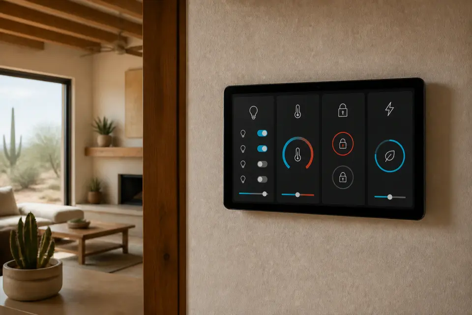Wall-mounted smart-home control panel in a finished Phoenix living room
